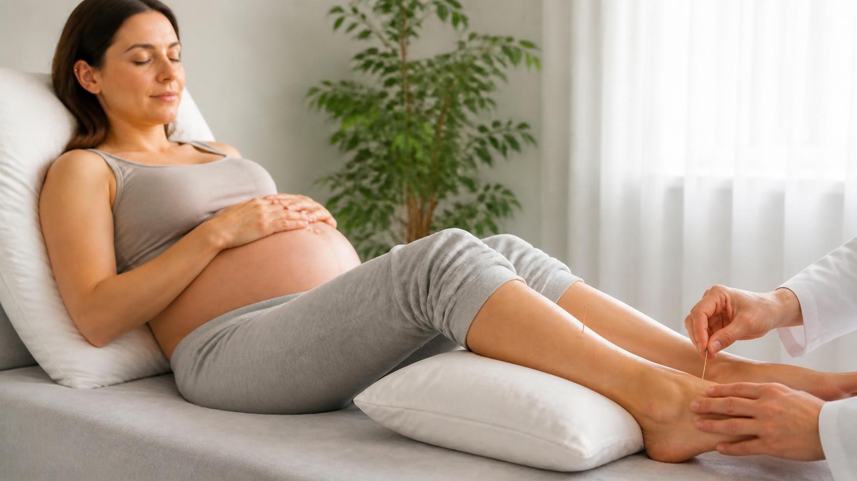 Heavily pregnant woman reclining on pillows with her hands on her bump while a practitioner places fine acupuncture needles in her lower leg