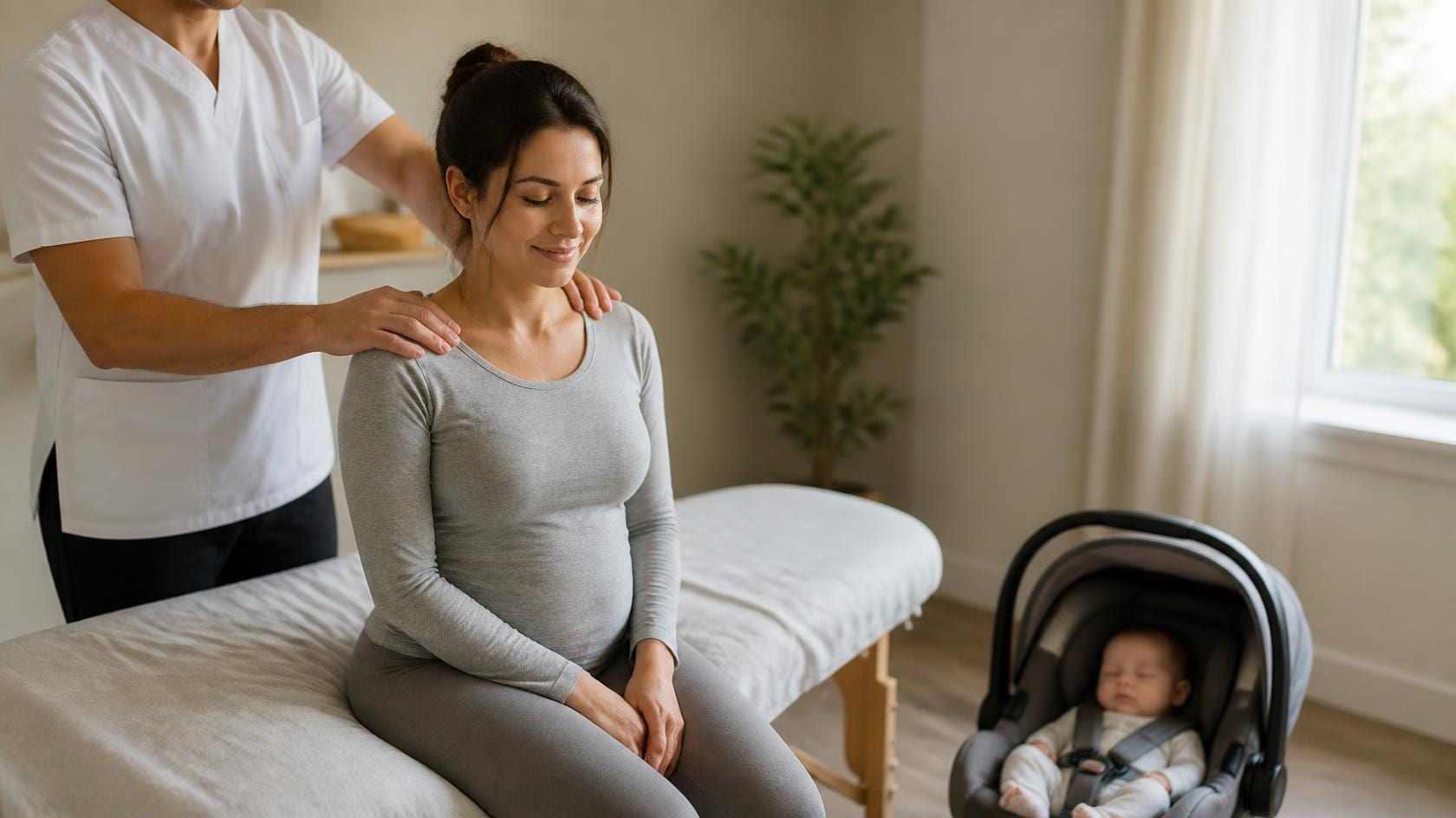 New mum sitting on a treatment table while an osteopath gently treats her shoulders, with her baby asleep in a car seat beside her
