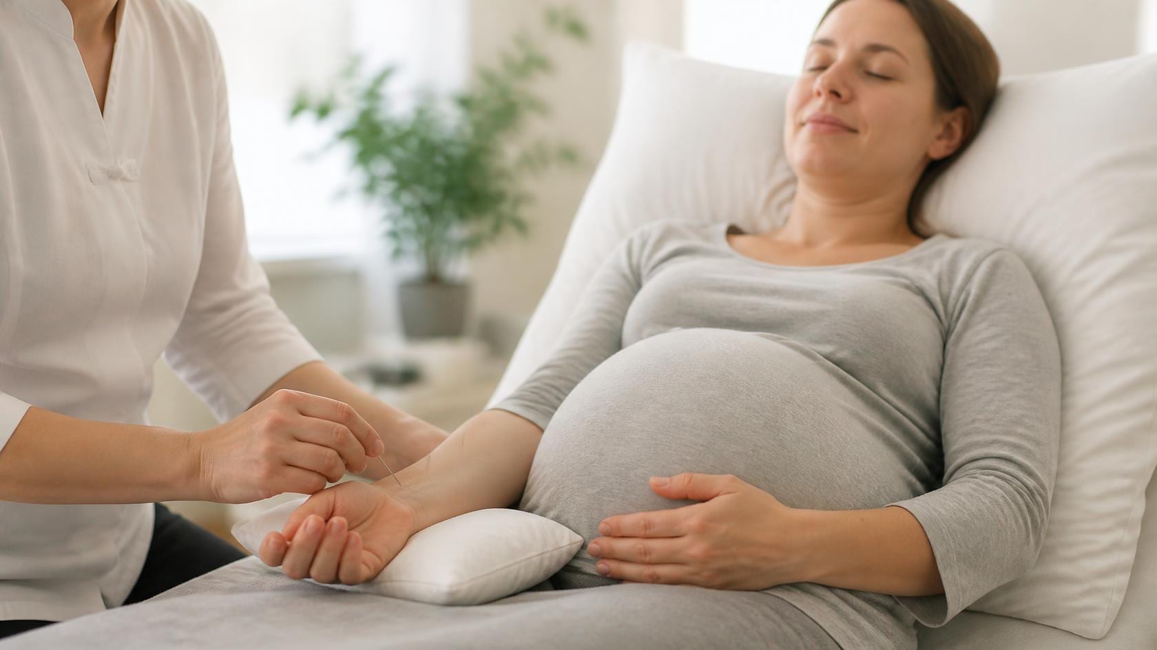 Practitioner gently placing an acupuncture needle in the inner wrist of a relaxed pregnant woman resting on pillows